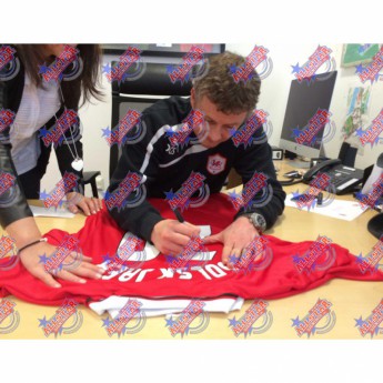 Легенди футболна фланелка Manchester United FC Solskjaer 1999 Signed Shirt