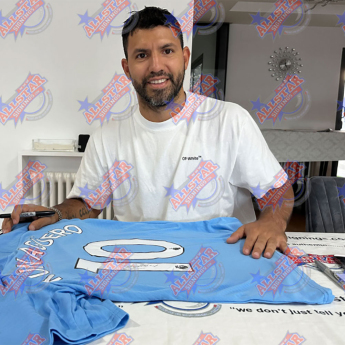 Легенди футболна фланелка Manchester City FC 2019-2020 Aguero Signed Shirt