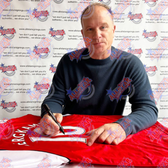 Легенди футболна фланелка Arsenal FC 1982 Bergkamp Signed Shirt