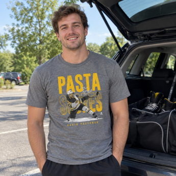 Boston Bruins мъжка тениска David Pastrnak #88 Pasta Scores WHT 500 Level Grey